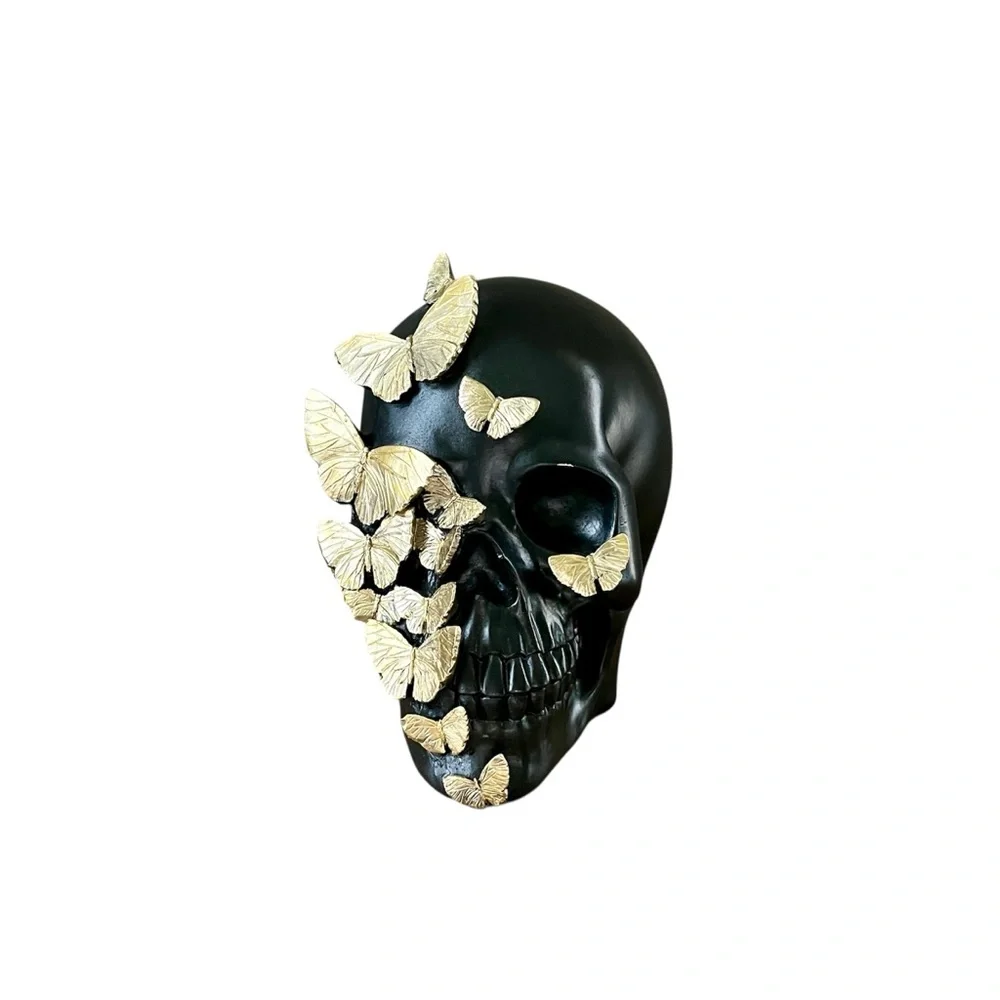 Black Skeleton Skull Gold Metal Butterflies Dark Coquette Glam Gilded Halloween